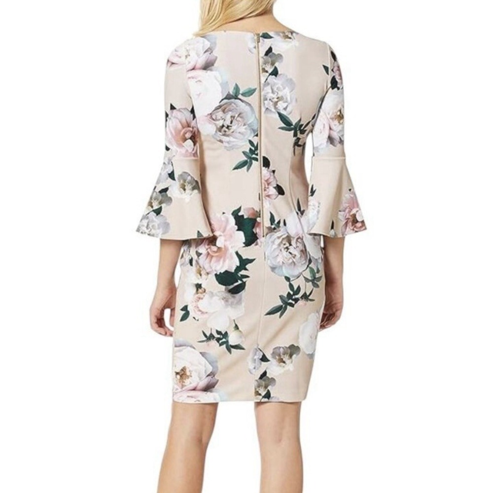 Calvin Klein Pink Floral Bell Sleeve Stretch Crepe Sheath Dress Size 6‎ - Picture 5 of 15